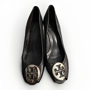 Tory Burch Sally Black Leather Peep Toe Wedge Heels‎ Size 8M